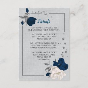Carte D'accompagnement bleu marine & fleurs blanches argent détails feuil