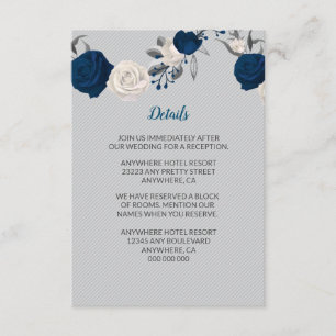 Carte D'accompagnement bleu marine fleurs blanches argent feuille gris dé