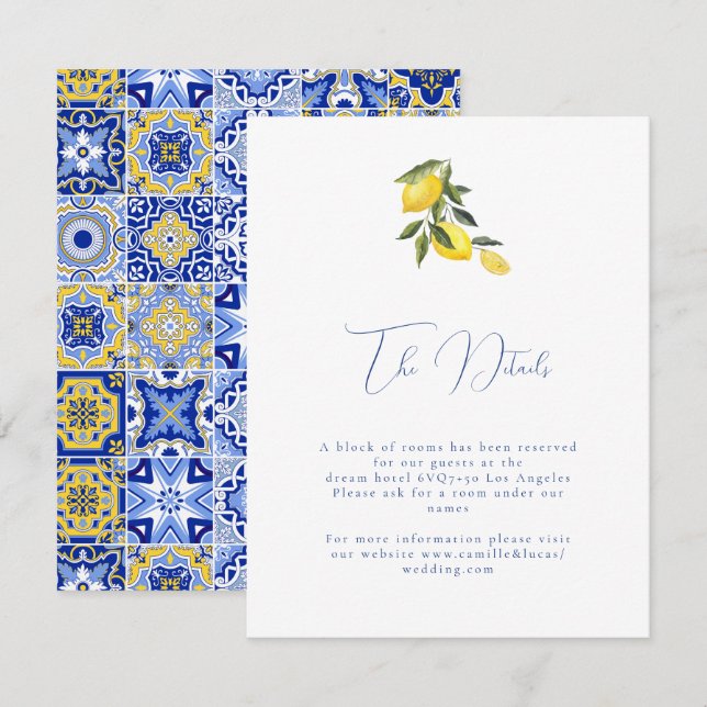 Carte D'accompagnement Bleu méditerranéen tuile & agrumes Détails Mariage (Devant / Derrière)