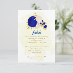 Carte D'accompagnement bleu royal et fleurs blanches or mariage botanique