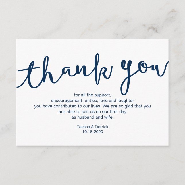 Carte D'accompagnement Bleu Rustique Navy Script, Merci Mariage (Devant)