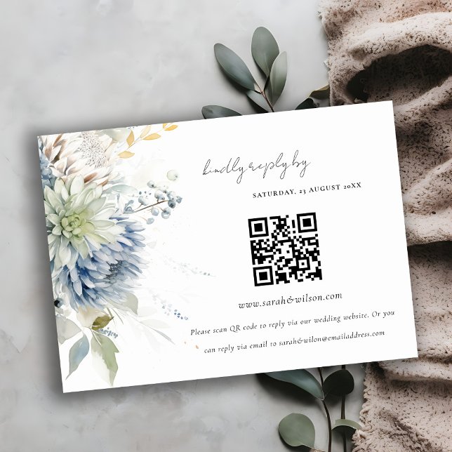Carte D'accompagnement Bleu Vert Succulent Mariage Floral QR Code RSVP (Créateur téléchargé)