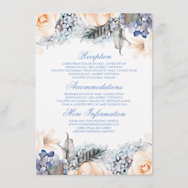 Carte D'accompagnement Blue and Peach Floral Information du Mariage Invit (Devant)