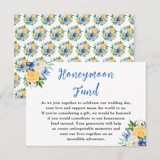 Carte D'accompagnement Blue and Yellow Floral Wedding Honeymoon Fund (Devant / Derrière)