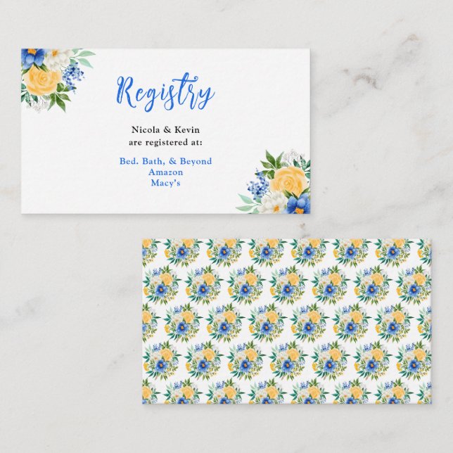 Carte D'accompagnement Blue and Yellow Floral Wedding Registry (Devant / Derrière)