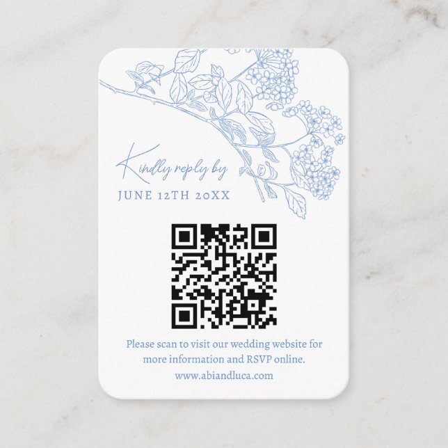 Carte D'accompagnement Blue Chinoiserie Toile Weddin Website RSVP QR code (Devant)