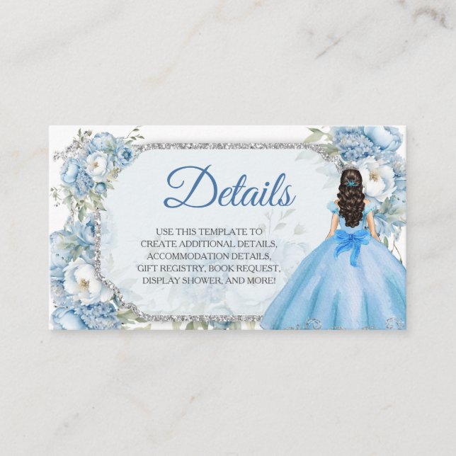 Carte D'accompagnement Blue Floral Argent Crown Quinceañera Détails (Devant)