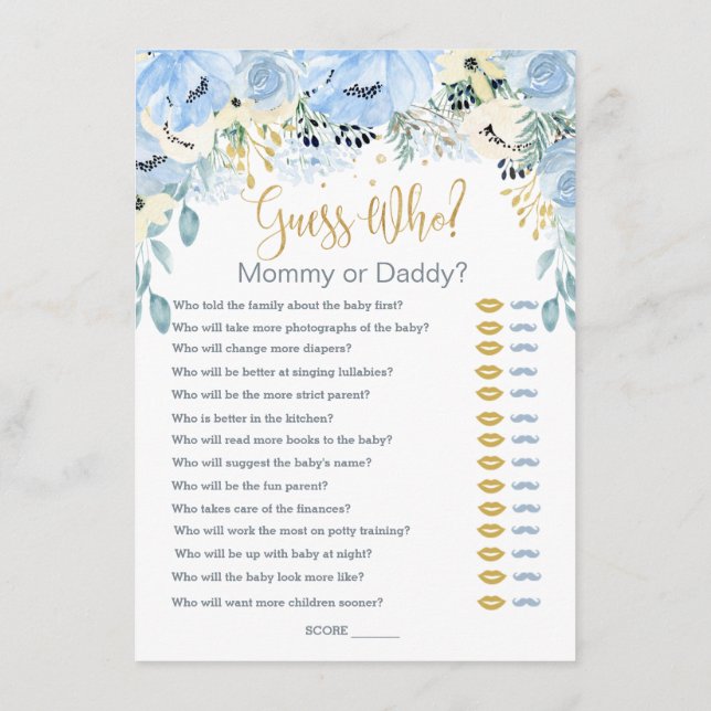 Carte D'accompagnement Blue Floral Devinez Qui Baby shower Jeux (Dos)