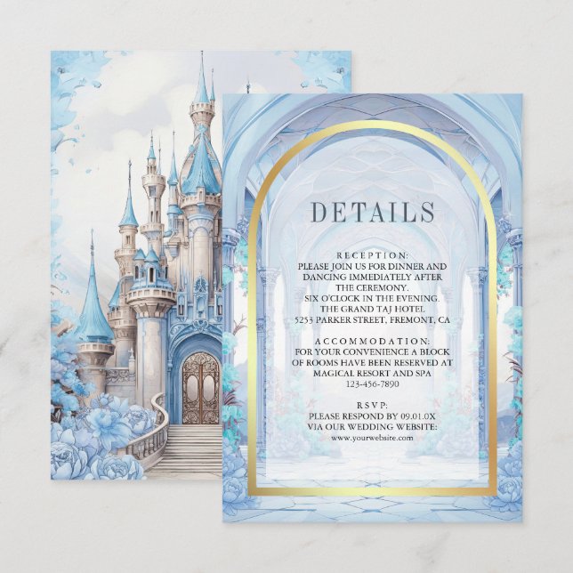 Carte D'accompagnement Blue Floral Fairytale Castle Wedding Details (Devant / Derrière)