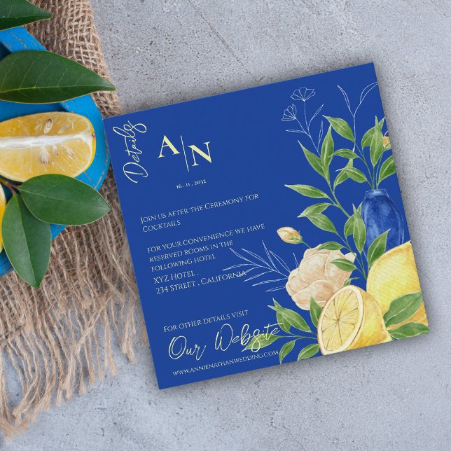 Carte D'accompagnement Blue Floral Lemon Méditerranéen Détails du Mariage (Blue Floral Lemon Mediterranean Wedding Details Enclosure Card)