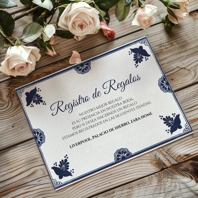 Carte D'accompagnement Blue Floral Otomi Simple Fiesta Spanish Wedding (Blue Floral Otomi Simple Fiesta Spanish Wedding Enclosure Card)