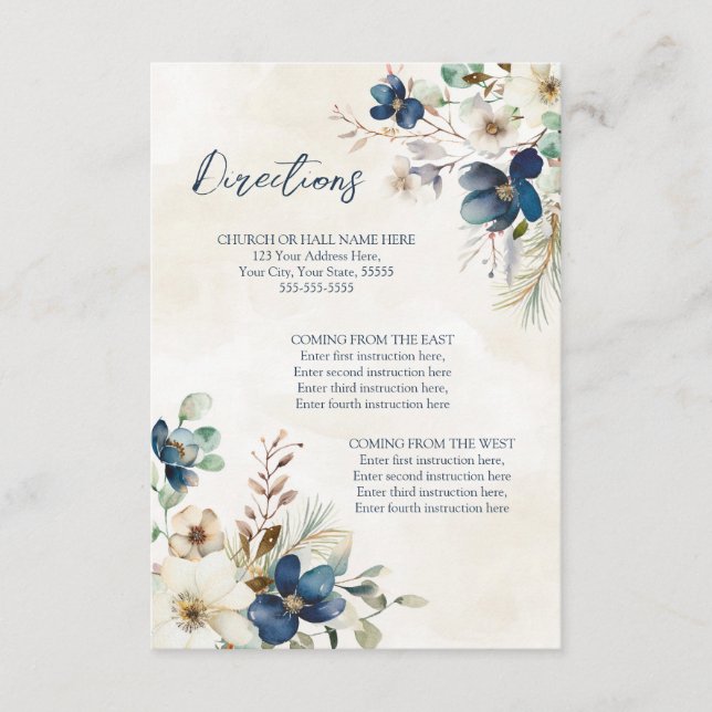 Carte D'accompagnement Blue Floral Winter Wedding Direction Insert (Devant)