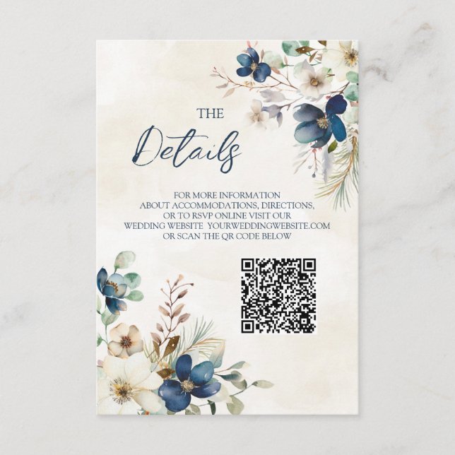 Carte D'accompagnement Blue Floral Winter Wedding QR code Details Insert (Devant)