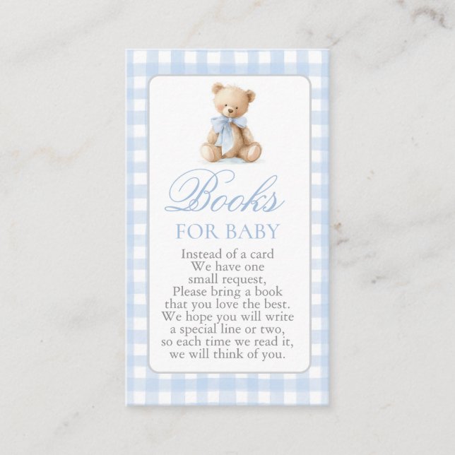 Carte D'accompagnement Blue Gingham Bear Baby Shower Boy Books for Baby (Devant)