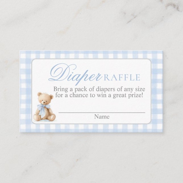 Carte D'accompagnement Blue Gingham Bear Baby shower Diaper Raffle Card (Devant)