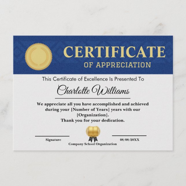 Carte D'accompagnement Blue Gold Certificate of Appreciation Template (Devant)