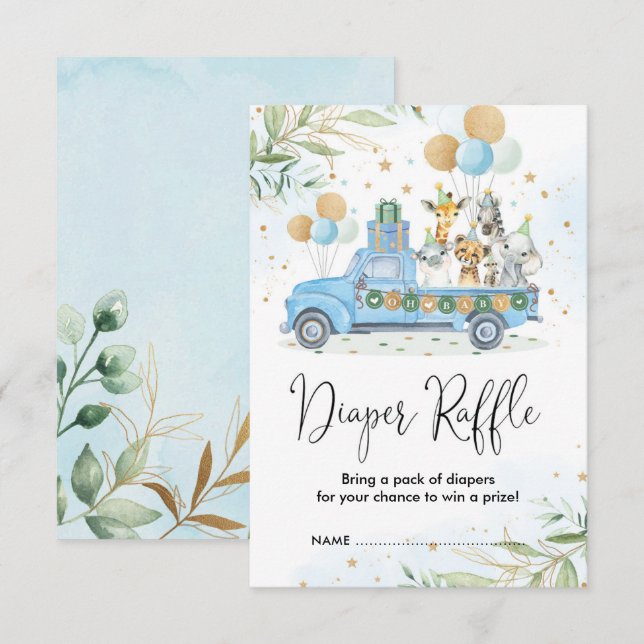 Carte D'accompagnement Blue Gold Jungle Safari Animaux Diaper Raffle (Devant / Derrière)