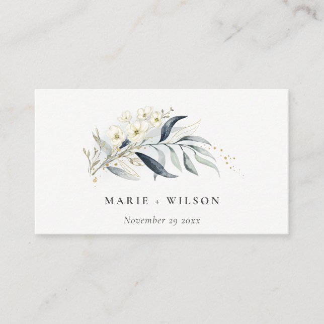 Carte D'accompagnement Blue Gold Leafy Botanical Site Mariage Floral (Devant)