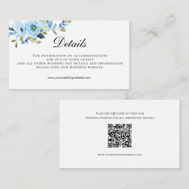 Carte D'accompagnement Blue Green Floral Code QR Détails du Mariage (Devant / Derrière)