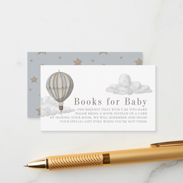 Carte D'accompagnement Blue Hot Air Balloon Baby Shower Book Request (Devant/Arrière en situation)