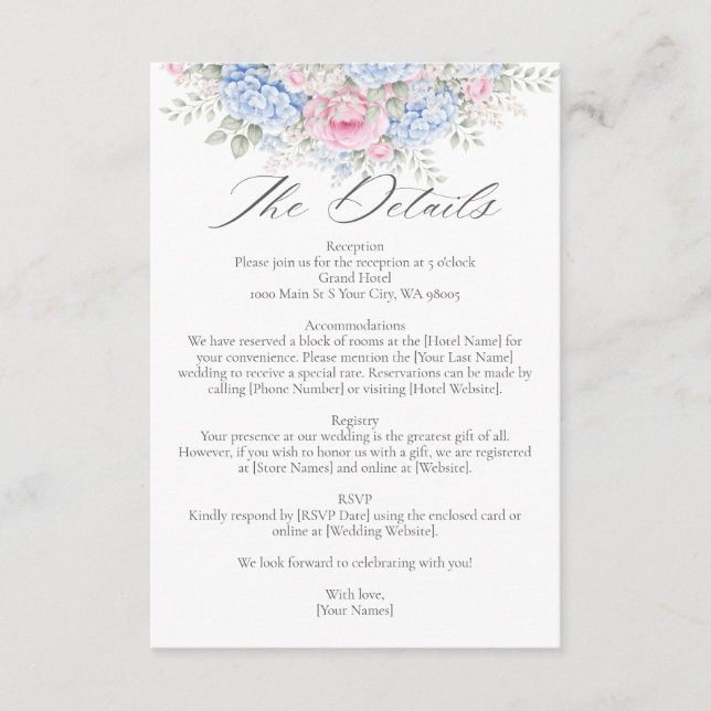 Carte D'accompagnement Blue Hydrangea and Pink Rose Floral Garden Wedding (Devant)