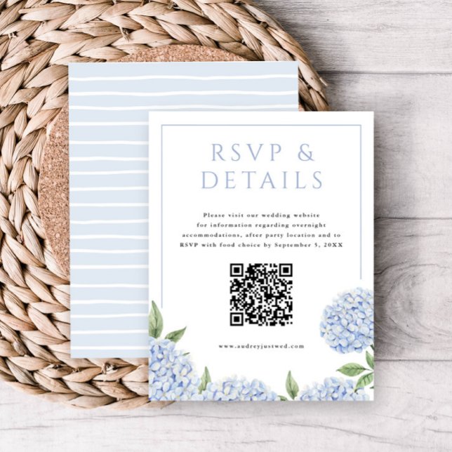 Carte D'accompagnement Blue Hydrangea Blooms RSVP et détails, avec code Q (Créateur téléchargé)