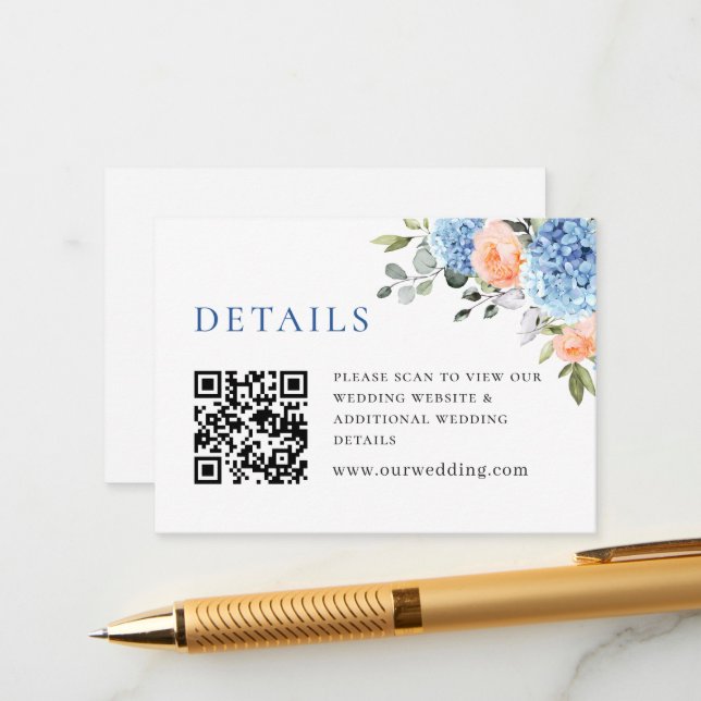 Carte D'accompagnement Blue Hydrangea Blush Rose Roses Détails du Mariage (Devant/Arrière en situation)