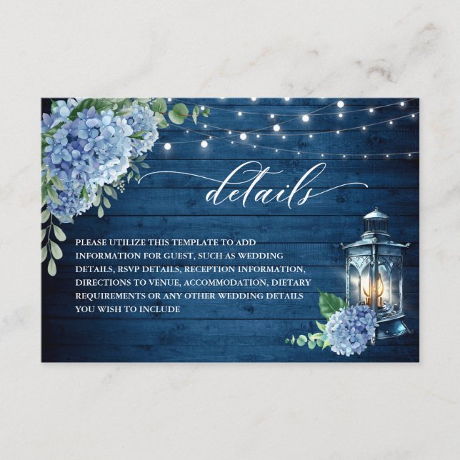 Carte D'accompagnement Blue Hydrangea Lantern Wood Détails du Mariage (Devant)