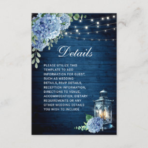Carte D'accompagnement Blue Hydrangea Lantern Wood Détails du Mariage