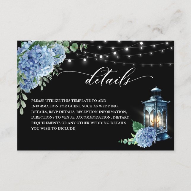 Carte D'accompagnement Blue Hydrangea Lanterne Black Boho Détails Mariage (Devant)