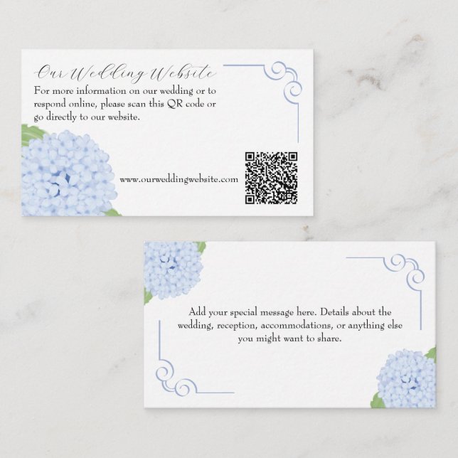 Carte D'accompagnement Blue Hydrangea Watercolor Mariage QR & Msg (Devant / Derrière)