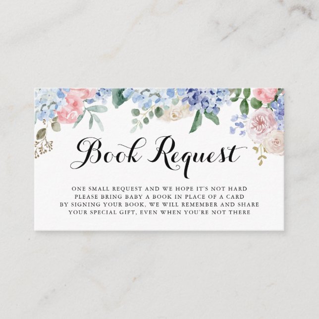 Carte D'accompagnement Blue Hydrangeas et rose Roses Demande de livre pou (Devant)