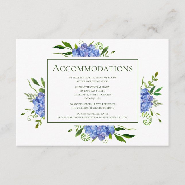Carte D'accompagnement Blue Hydrangeas Floral Mariage Hébergements (Devant)