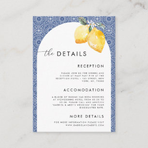 Carte D'accompagnement Blue Italian Tile Lemons Mariage Détails