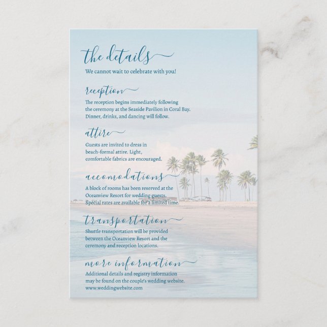 Carte D'accompagnement Blue Ocean Beach Wedding Details (Devant)