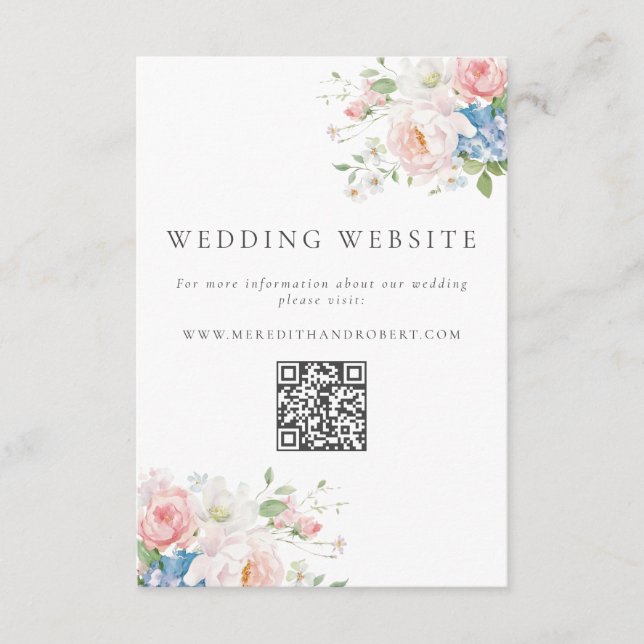 Carte D'accompagnement Blue & Pink Pastel Floral QR Wedding Website (Devant)