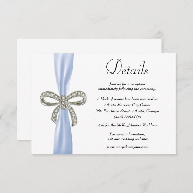 Carte D'accompagnement Blue Ribbon Diamond Bow Détails du Mariage (Devant / Derrière)