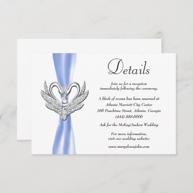 Carte D'accompagnement Blue Ribbon Silver Swans Détails du Mariage (Devant / Derrière)