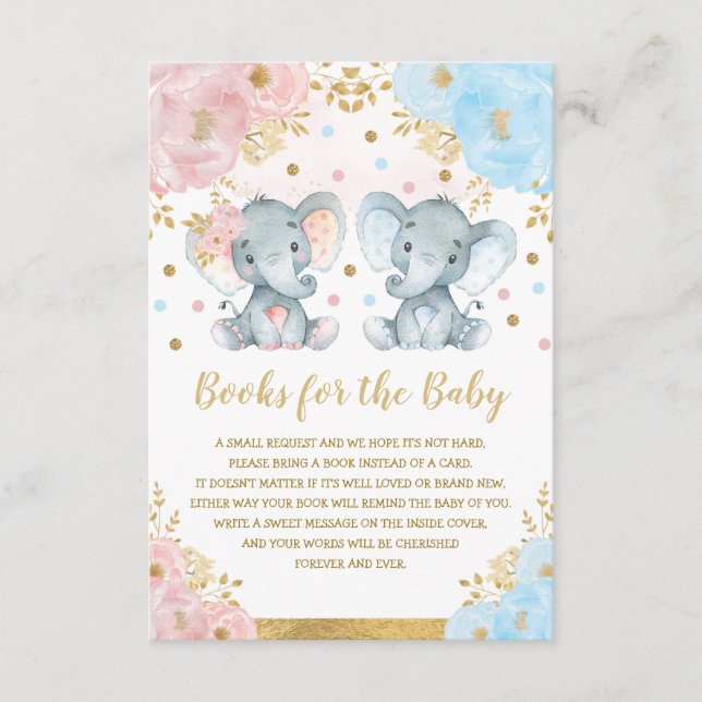 Carte D'accompagnement Blue Rose Floral Elephant Twins Livres pour bébé (Devant)
