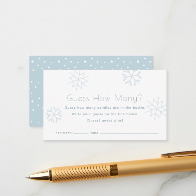 Carte D'accompagnement Blue Snowflakes Devine Combien de Baby showers jeu (Devant/Arrière en situation)