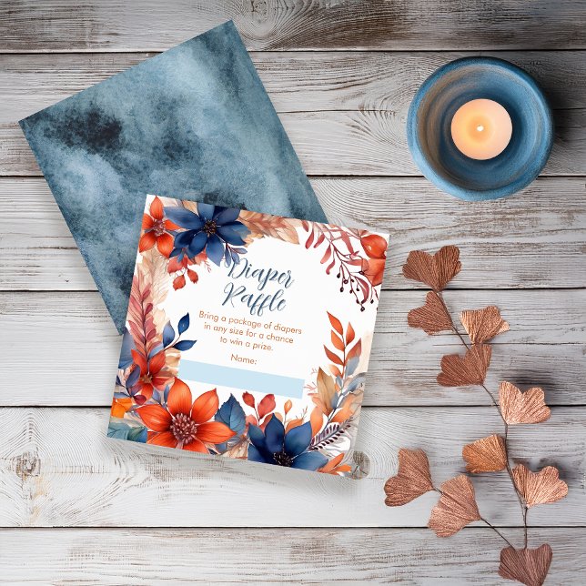 Carte D'accompagnement Blue Terracotta Baby shower d'automne Déchets Raff (Boho Blue and Terracotta Fall |  Autumn Floral "Oh Boy!" Baby Shower Diaper Raffle Insert Card)