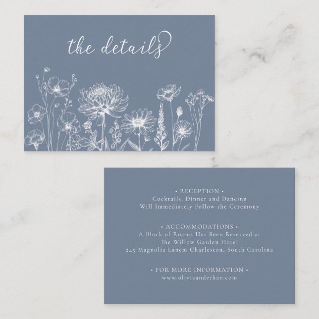 Carte D'accompagnement Blue Wildflower Details Card Periwinkle Wedding (Devant / Derrière)