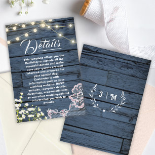 Carte D'accompagnement Blue Wood String Lights & Lace Détails du Mariage