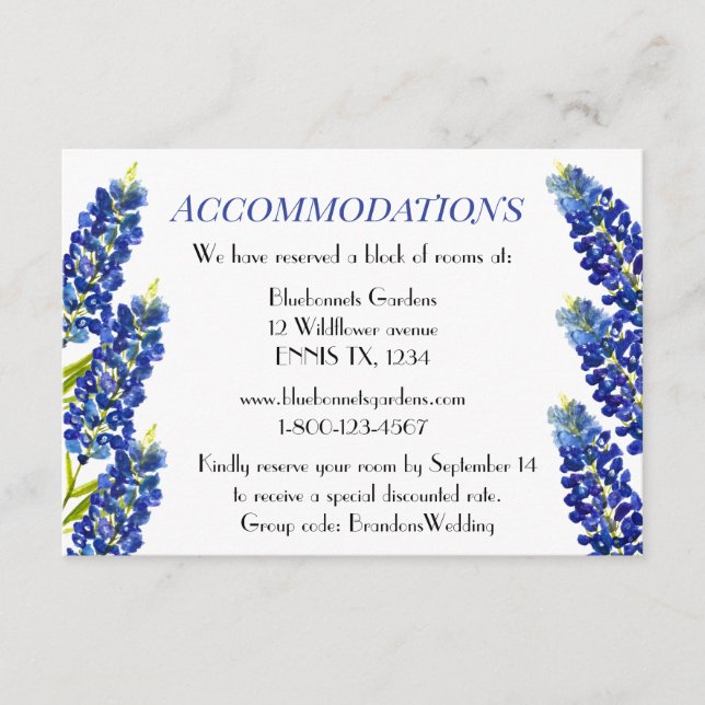 Carte D'accompagnement Bluebonnets Blue Floral Mariage Logement (Devant)