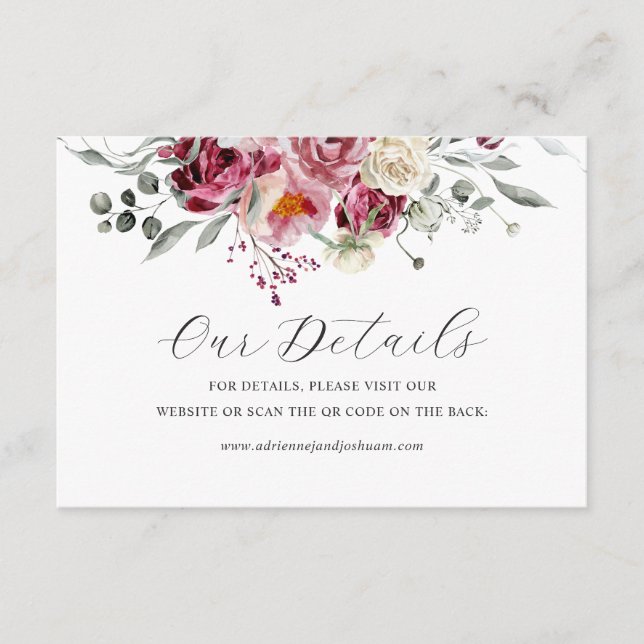 Carte D'accompagnement Blush & Burgundy Floral Mariage QR Détails du code (Devant)