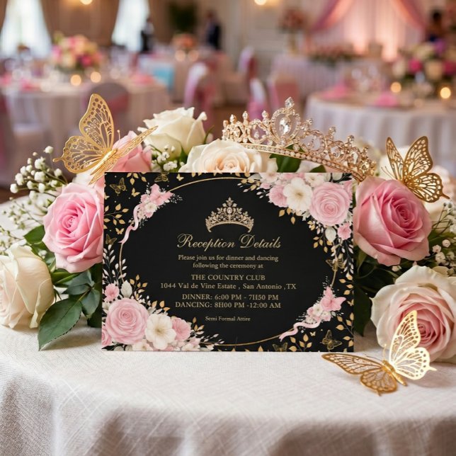 Carte D'accompagnement Blush doré et noir Papillon Quinceañera (Créateur téléchargé)