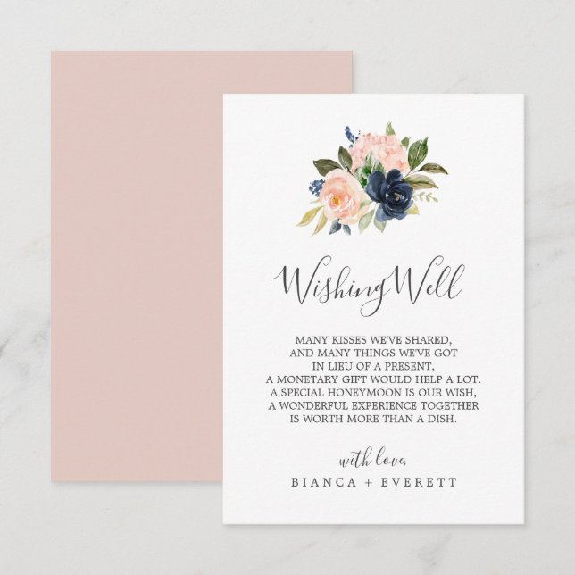 Carte D'accompagnement Blush et Navy Flowers Mariage Wishing Well Card (Devant / Derrière)