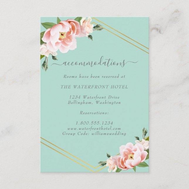 Carte D'accompagnement Blush Floral Gold Mint Green Mariage Hébergement (Devant)