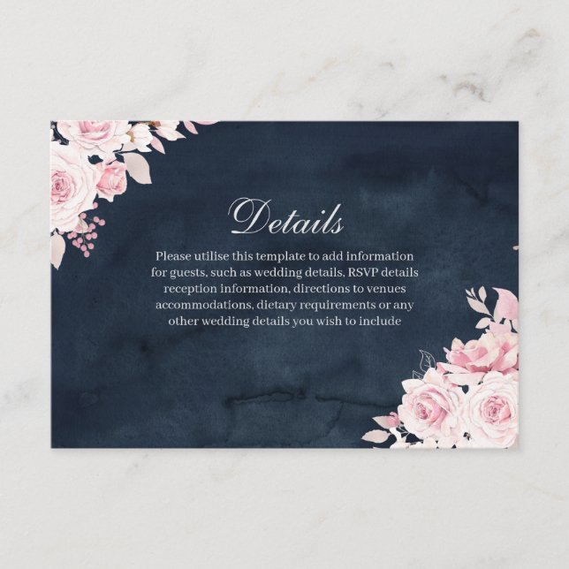 Carte D'accompagnement Blush Floral Navy Aquarelle Détails du Mariage (Devant)