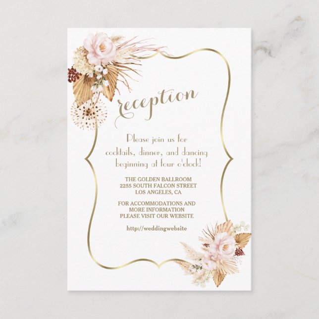 Carte D'accompagnement Blush Floral Pampas Grass Gold Détails du Mariage (Devant)